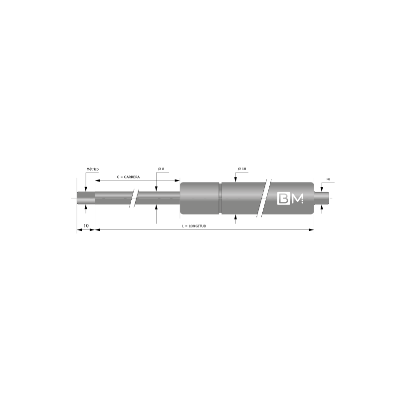 Muelle de gas de acero inoxidable 8-18 (L165 - C60 - 150N)